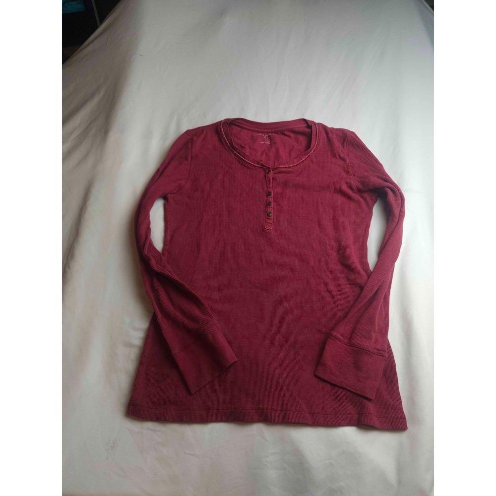 Eddie Bauer Henley Top Womens Large Red Thermal Waffle Knit Long Sleeve Shirt